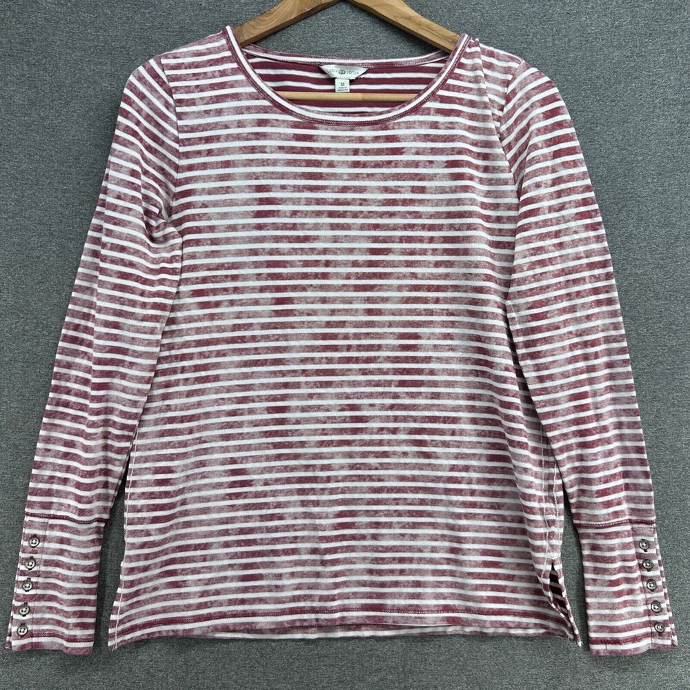 Lucky Lotus Womens Medium Red White Acid Wash Striped Long Sleeve Shirt Scoop